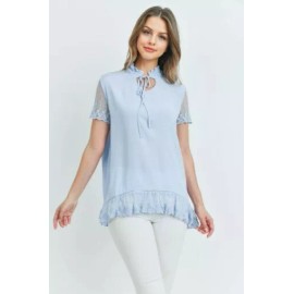 L Love  Lace Sleeve Ruffle Tie Neck Top  Large  Blue NEW