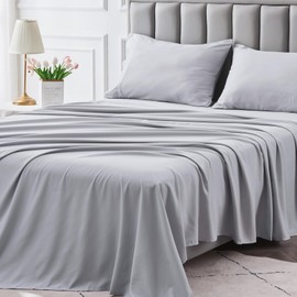 HYMOKEGE Light Grey Twin Bed Sheets Set, 4-Piece Soft Cooling Sheets with 14" Deep Pocket for Twin Size Bed - Shrinkage & Fade Resistant, Luxury Hotel