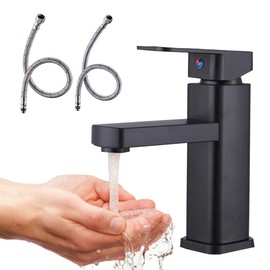 Mezcladora para Lavabo de Baño, Grifo de Baño Cocina Caliente y Frío Ajustable, Grifo Monomando Mezclador Cascada de Acero Inoxidable, Llave para Lavabo con 2 Mangueras