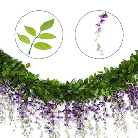Wisteria Artificial Flowers Garland, 4Pcs Total 28.8ft White Artificial Wisteria Hanging Flower for Home Garden Outdoor Ceremony Wedding Arch Floral Decor(Purple)