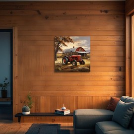 CGXLB Vintage Tractor and Barn Wall Art Rustic Red Farmhouse Painting Countryside Autumn Landscape Pictures for Living Room Farmhouse Dining Room 12"x12"