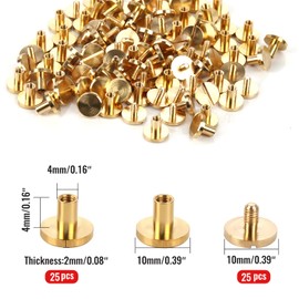 Chicago Binding Screws - 4 mm x 4 mm Binding Post - 10 mm Phillips Nut - Chicago Screw Binding Post Set for DIY Leather Decorations, Scrapbooking, Photo Albums, Bookbinding (Brass, 25 Pieces)