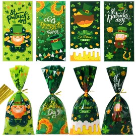 50 Pcs St. Patrick's Day Cellophane Bags, 5 x 10.5 Inches Treat Bags Irish Lucky Bags Shamrock Cellophane Candy Bags with Twist Ties for St. Saint Patrick Day Party Favor Supplies(D)