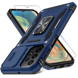 DEERLAMN Case for A23 5G/4G with Slide Camera Cover+Screen Protector,Rotated Ring Kickstand Military Grade Shockproof Protective Cover-Navy Blue