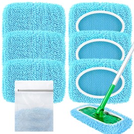 Reusable Mop Pads Compatible with Swiffer Sweeper Mop, Washable Wet Pads Refill & Chenille Dry Sweeping Cloths, Microfiber Pad for Use on All Sealed Floors - Wood, Laminate, Stone & Tile (Coral Blue)