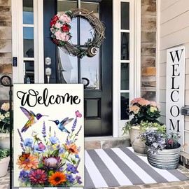 NASIAN Welcome Spring Summer Garden Flag Hummingbird Floral Flowers Garden Flags for Outside 12×18 Inch Double Sided Spring Summer Yard Sign Outdoor Decorations Garden Flag