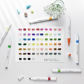 Ohuhu Rotuladores de 64 colores a base de agua con doble punta cincel y brocha para colorear adultos, caligrafía, boceto, diario de bala, 1 licuadora incolora, regalo para niños