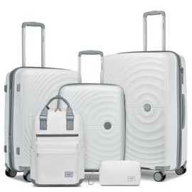 LARVENDER Luggage Sets 5 Piece, PP Hardshell Suitcase Set, Carry on Luggage Set, Large Suitcase with Spinner Wheels, Expandable Luggage Set with Backpack for Men Women(WHITE/20/24/28/BP/TB)