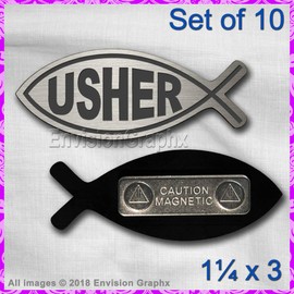 Set of 10 Silver Plastic Church Usher Badge w/Magnet Jesus Fish Shape