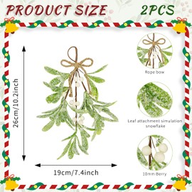 2 Pcs Christmas Artificial Mistletoe Ornament, 10.6'' Snowy Frosted Mistletoe Christmas Decoration with Berry Kissing Ball Mistletoe Hanging Decorations Spray for Winter Holiday Decor (2, White)