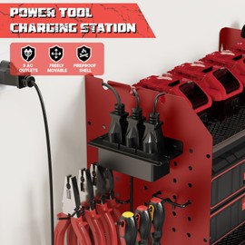 Power Tool Organizer Wall Mount with Charging Station, 8 Drills Holder Garage Wall Tool Organizer with 4 Pegboard Hooks, 6.5FT Outlet Power Strip, 45.5“ Heavy Duty Garage Organization for Mens Gifts