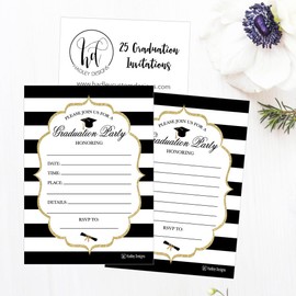 25 Elegant Graduation Party Announcement Invitations For 2021 College, High School, University Grad Celebration Invite Cards, Black Gold Fill In Invitations For Graduation Party Decorations Supplies
