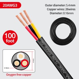 20 Gauge Wire 3 Conductor 20 AWG Electrical Wire Stranded PVC Cord Oxygen-Free Copper Cable 100FT 3 Core Pure Copper Flexible Cable Wire for LED Lamp Lighting Strips Automotive (20AWG-3C, 100F