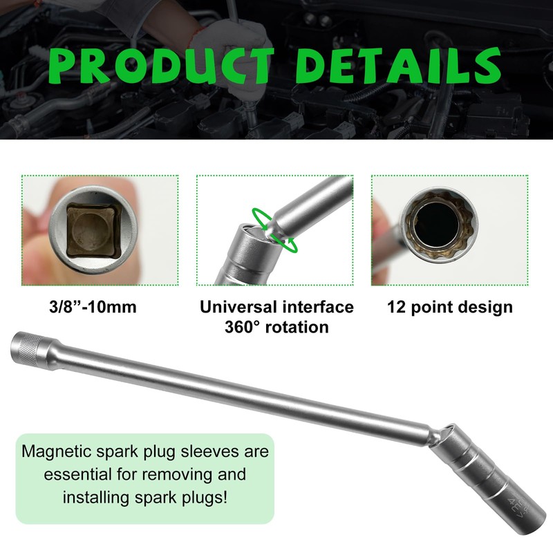 Gasedin Extended Magnetic Spark Plug Socket, 3/8" Drive 12 Point