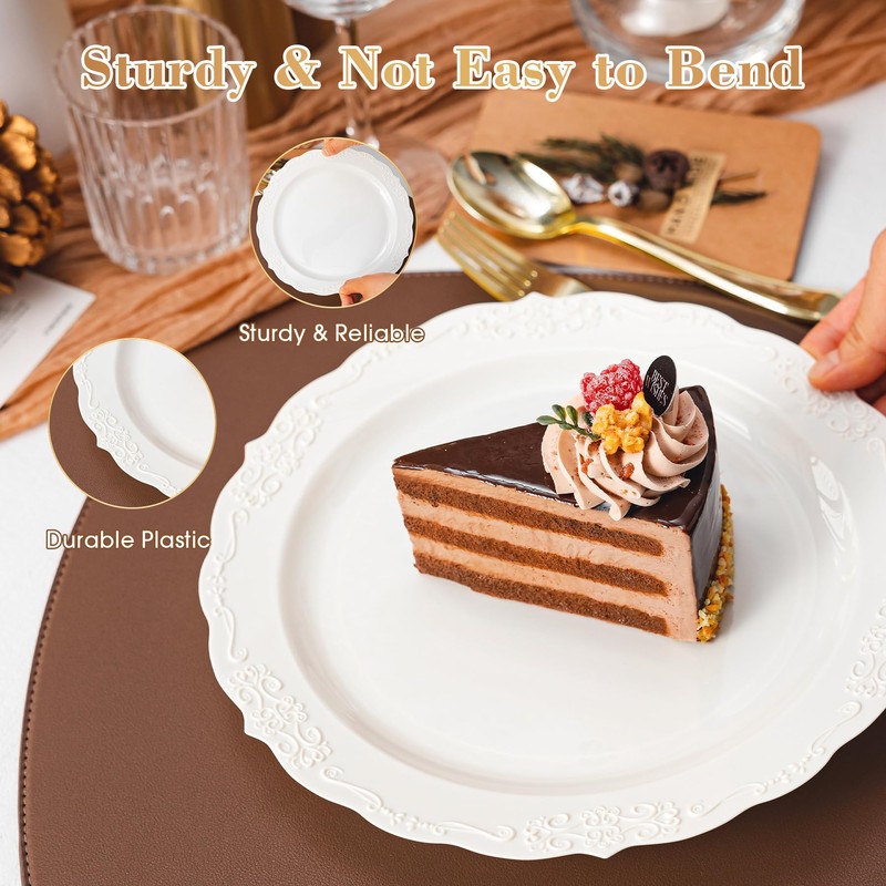 70 Pack 10in Ivory Plastic Dinner Plates, Disposable Round Fancy