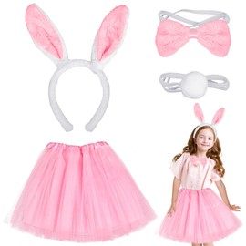 COLEESON 4 Pieces Easter Bunny Costume Accessory Set, Rabbit Costume Kids, Bunny Ears, Bow Tie, Rabbit Tail, Tutu Skirt, White Rabbit Costume Cosplay, World Book Day Costumes For Girls(A)