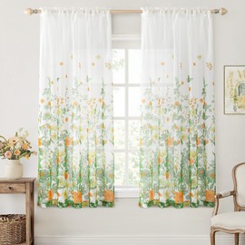 MIULEE Sage Green Printed Semi Sheer Linen Textured Curtains 63" Length 2 Panels Set for Bedroom Living Room, Floral Print Rod Pocket Tulle Light Filtering Spring Flower Patterned Window Drapes
