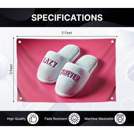 3x5 Ft Polyester Flag with Quote with Four Brass Grommets - Pink Flag with White Slippers Lazy Forever Wall Decoration - Multicolored Banner for Bedroom and Teen Boys or Fun for College Room Banners