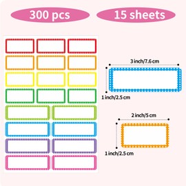 Removable Colored Labels Stickers, Self-Adhesive Rectangular Stickers Star Border Water/Oil/Tear Resistant for Storage/Classroom/Home (2 Size, 300 Labels)