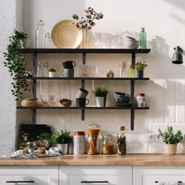 AZSKY Floating Shelves 3 Set of Rustic Wood Shelves Wall Mounted with Black Brackets Book Shelfs for Bathroom Living Room Bedroom Kitchen Office