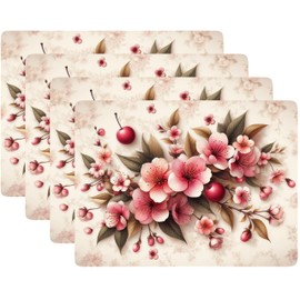 Set of 4 Cork Backed Placemat, Plant Design Kitchen and Dining Table Decoration Hard Placemat 12" x 16" (Cherry Blossom)