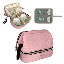 Melinon Double-Layer Wearable Breast Pump Bag for Elvie and Medela Pumps - Insulated Pockets and Waterproof Mat Included - Stylish Carrying Case for Moms on The Go (Pink)
