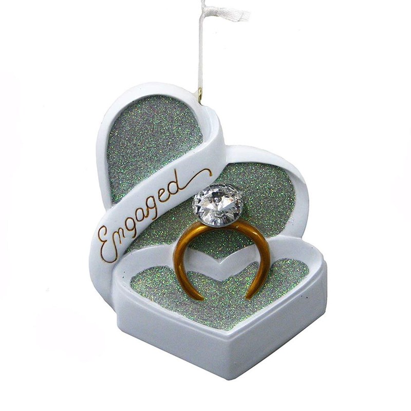 Engaged Heart Shaped Box and Ring with Gem Christmas Ornament