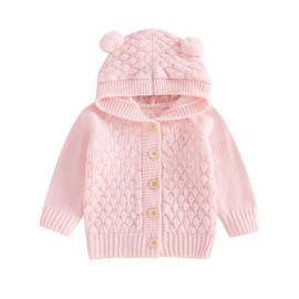 Baby Girl Boy Button Down Hooded Cardigan Winter Warm Sweater Long Sleeve Jumpers Coats Knitted Hoodies Clothes (Pink, 18-24 Months)
