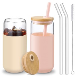 VITEVER 20 OZ Glass Cups with Bamboo Lids and Straws - Beer Can Shaped Drinking Glasses with Silicone Protective Sleeve Set, Iced Coffee Glasses, Cute Tumbler Cup for Water, Tea, Gift - Pink, Amber