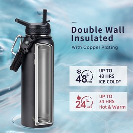 Stainless Steel Water Bottle 1.2L, Trebo Insulated Water Bottle Double with Paracord Handle Sports Bottle Wide Mouth Keep Cold 48 Hours Insulated Water Bottle with 3 Lids, Black