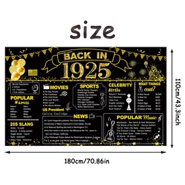 DARUNAXY 101st Birthday Black Gold Party Decoration, Back in 1925 Banner 101 Year Old Birthday Party Poster Supplies, 6x3.6ft Large Vintage 1925 Backdrop Photography Background for Men and Women