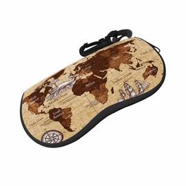 IBILIU Eyeglasses Case Retro World Map Ship Continents Earth Ultra Light Neoprene Sunglasses Case With Belt Clip,Soft Reading Glasses Case For Women Men