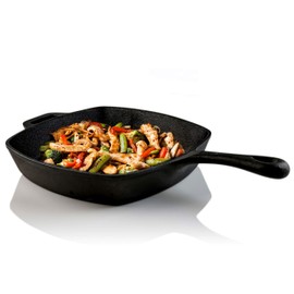 Ovente Square Cast Iron Grill Pan 10 Inch with Pre Seasoned Non Stick Griddle, Even Heating Secure-Grip Handle Cookware for Grilling Frying and Sauteing, Perfect for Meat Bacon, Black CWC2307001B