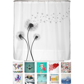 arteneur® - Dandelion Black and White - Anti-Mould Shower Curtain 200 x 220 cm - Recycled with Oeko-Tex Standard 100 - Weighted Hem, Opaque, Waterproof, Washable, 12 Rings