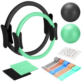 Pilates Ring and Ball Set with Resistance Bands - Pilates Equipment for Home Workout - 14'' & 12'' Pilates Rings, 2 Pilates Balls, 5 Resistance Bands for Toning Arms, Thighs/Legs & Core (Black&Teal)