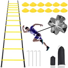 Agility Ladder Speed Ladder Training Ladder, 12 Rung 20Ft Adjustable Agility Ladder, 12 Disc Cones, 4 Steel Stakes, Resistance Parachute with Carry Bag for Speed Training, Football, Soccer, Footwork
