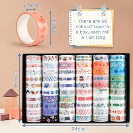 VIPNAJI 60 Rolls Washi Tape Set, Masking Tapes, 15 mm Wide DIY Paper Tape, Decorative Tape for Crafts, Scrapbooking, DIY Crafters, Embellished Bullet Journals Planner, etc., Colourful