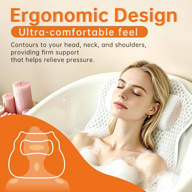 Bath Pillow for Tub,48 Non-Slip Suction Cups,Soft 4D Breathable Air