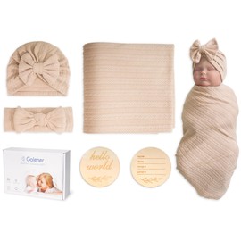 Baby Swaddle Set Newborn - Receiving Headband Blankets and Bow Hat,Newborn Essentials, Soft Nursery Swaddling Blankets，Stretchy Baby Blankets for Girls and Boys Unisex(Light Brown)