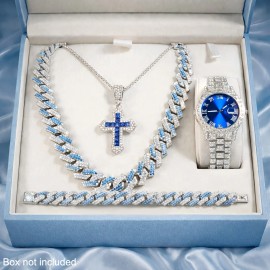 Cuban Link Hip Hop Jewelry Set (Necklace/Pendant/Blue Dial Watch/Bracelet) Suitable for Men & Women, Unisex Streetwear GiftColor: Silvery Blue