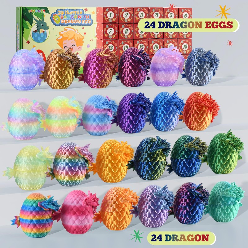 Advent Calendar 2025,24PCS 3D Printed Dragon Eggs with Dragon Inside,Movable