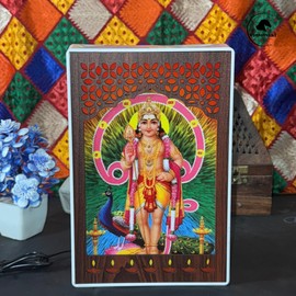 VDO HONEST Illuminated God Murugan (Kartikeya) Photo Frame for Pooja Room | Elegant Temple Décor & Good Luck Gift | 6 x 9 Inches White Cabinet Frame