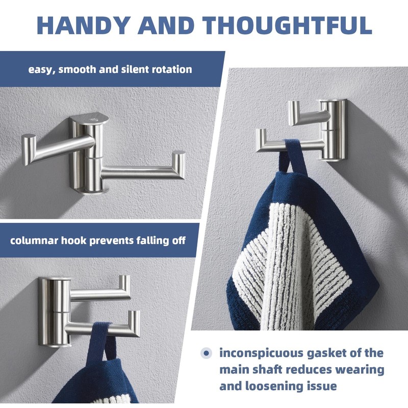 Angle Simple Swivel Towel Double Hook, Brushed Nickel Bathroom Hook