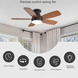 JSAITEE Ceiling Fans with Lights, 42 Inch Low Profile Ceiling Fan with Light and Remote/App Control, Flush Mount, Reversible, 3CCT, Dimmable, Noiseless, Brown Ceiling Fan for Indoor/Outdoor Use