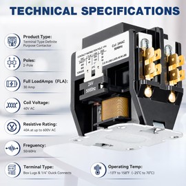 24V Coil 40A 2 Pole Air Conditioner Contactor, UL Certified HVAC Motor Contactor, 40 Amp 24V Air Conditioner Replacement AC Definite Purpose Contactor Compatible with Heat Pump, Refrigeration Systems