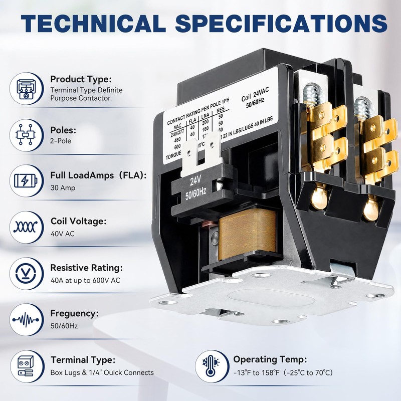 24V Coil 40A 2 Pole Air Conditioner Contactor, UL Certified