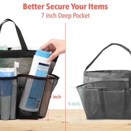 F-color Mesh Shower Caddy Portable, Upgrade Deeper 7 Pockets Basket Bag Tote for College Dorm Room Toiletry Bathroom Essentials Gym Camp Quick Dry 2 handles with S Hook, Black