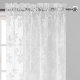 DWCN Floral Lace Sheer Curtains - Rod Pocket Window Voile Sheer Drapes for Bedroom Kitchen Short Curtains 52 x 45 inch Length, Set of 2 White Curtain Panels