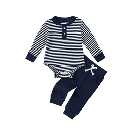Hihosdor Newborn Baby Boy Clothes Ribbed Knit Long Sleeve Romper and Pants Set Fall Winter Baby Boy Outfits, Navy Blue, 9-12 Months