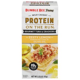 Bumble Bee Prime Protein on the Run Tuna Snack Kit - Gourmet Tuna Marinated in Olive Oil & Zesty Lemon with Crackers and Serving Utensil - 19g of Protein Per Serving